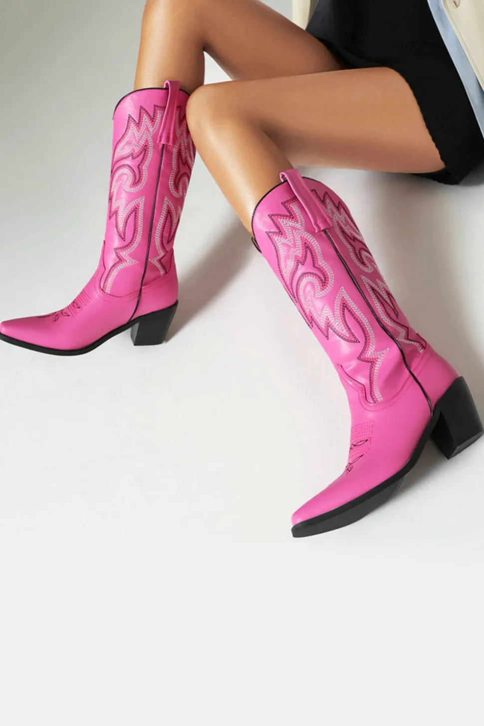 Retro Preto Dedo Apontado Salto Chunky Mid Calf Cowgirl Botas