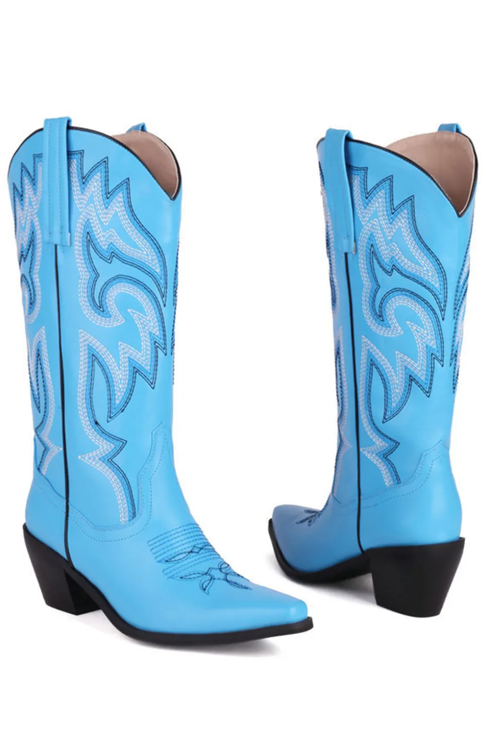 Retro Preto Dedo Apontado Salto Chunky Mid Calf Cowgirl Botas