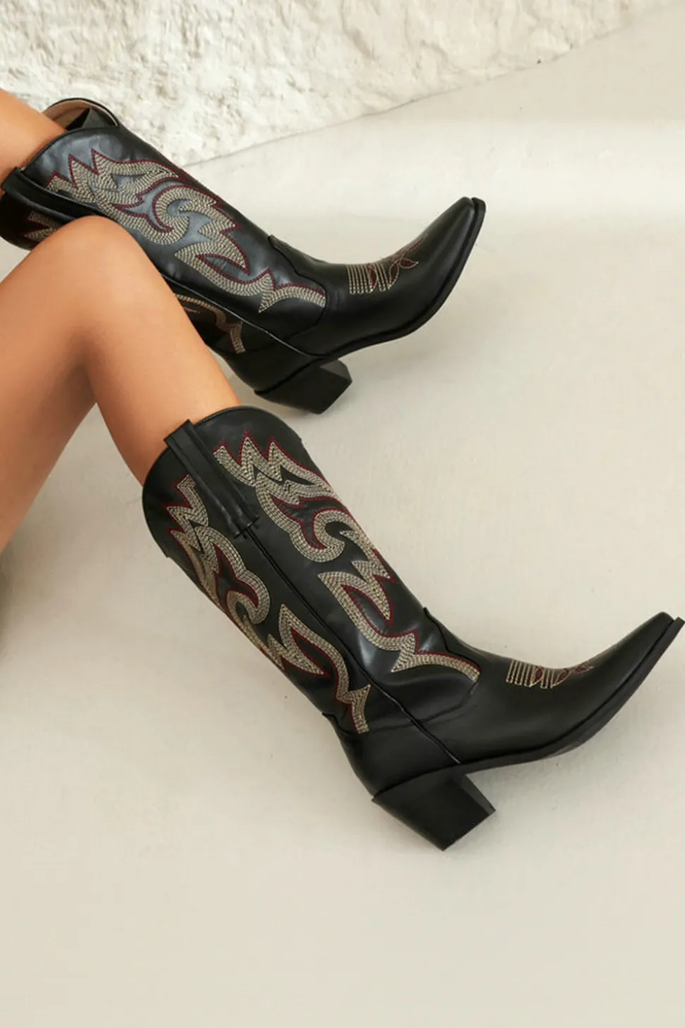 Retro Preto Dedo Apontado Salto Chunky Mid Calf Cowgirl Botas