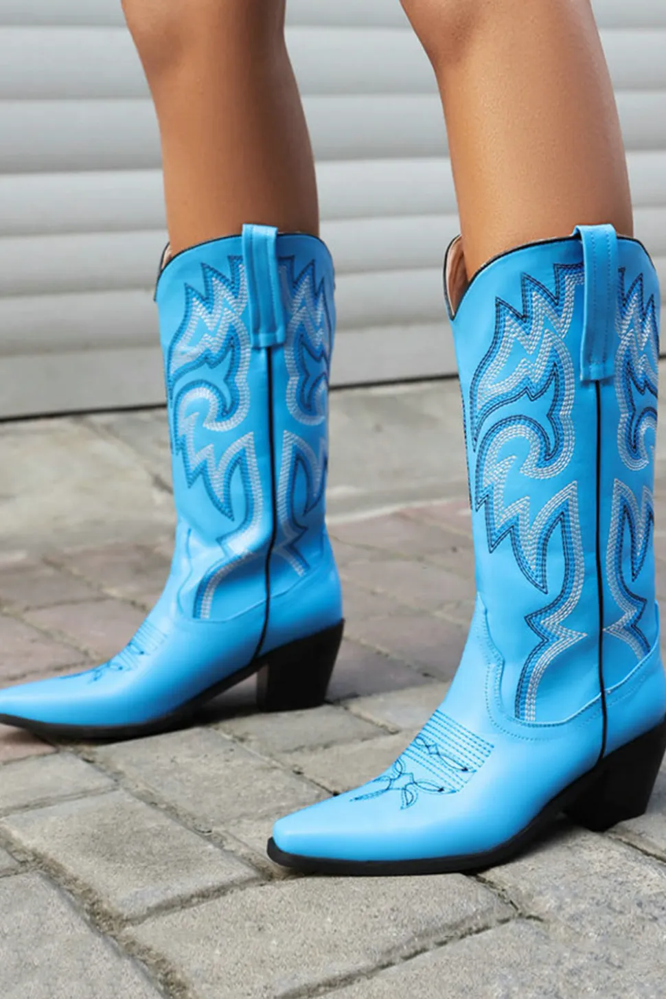 Retro Preto Dedo Apontado Salto Chunky Mid Calf Cowgirl Botas