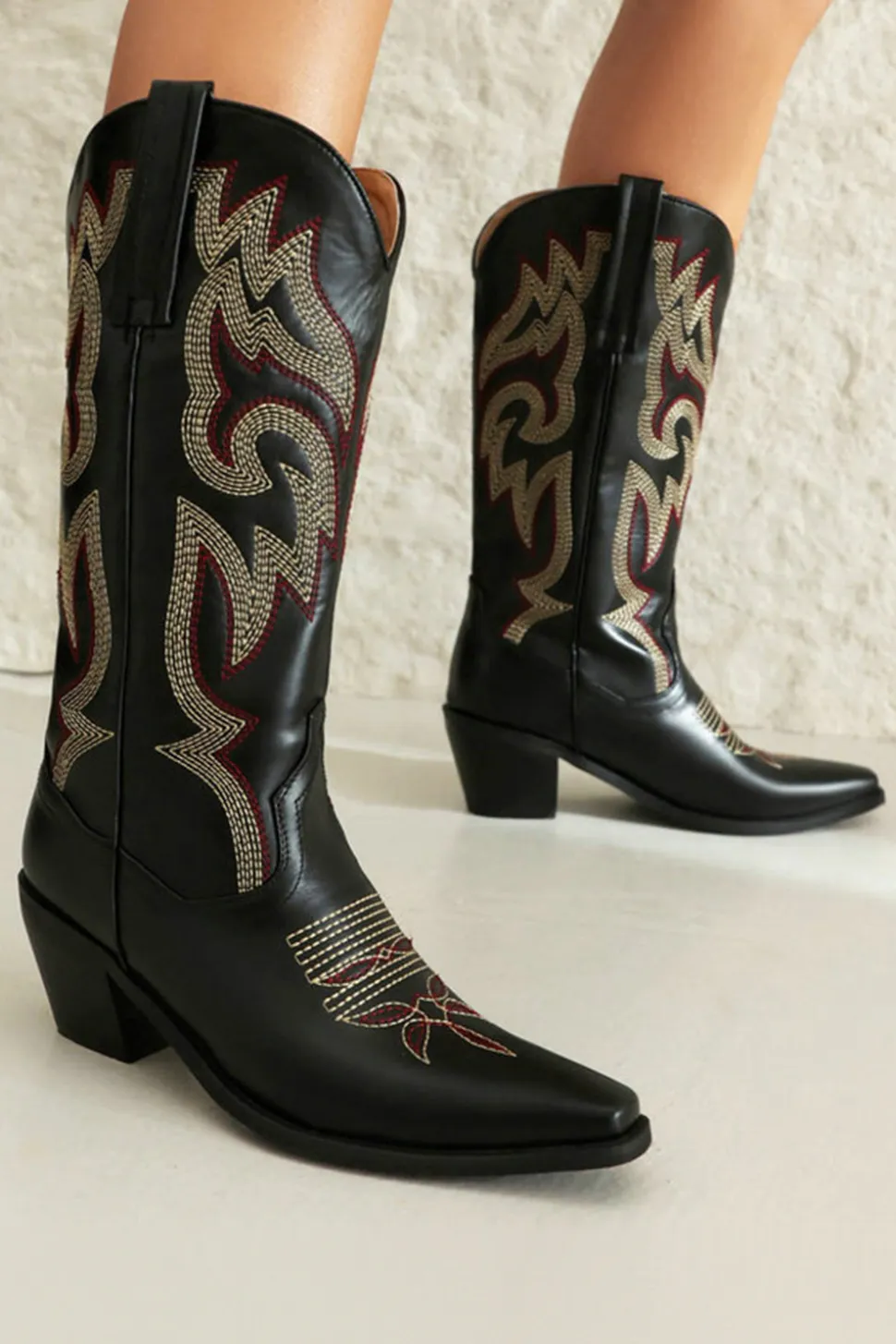 Retro Preto Dedo Apontado Salto Chunky Mid Calf Cowgirl Botas