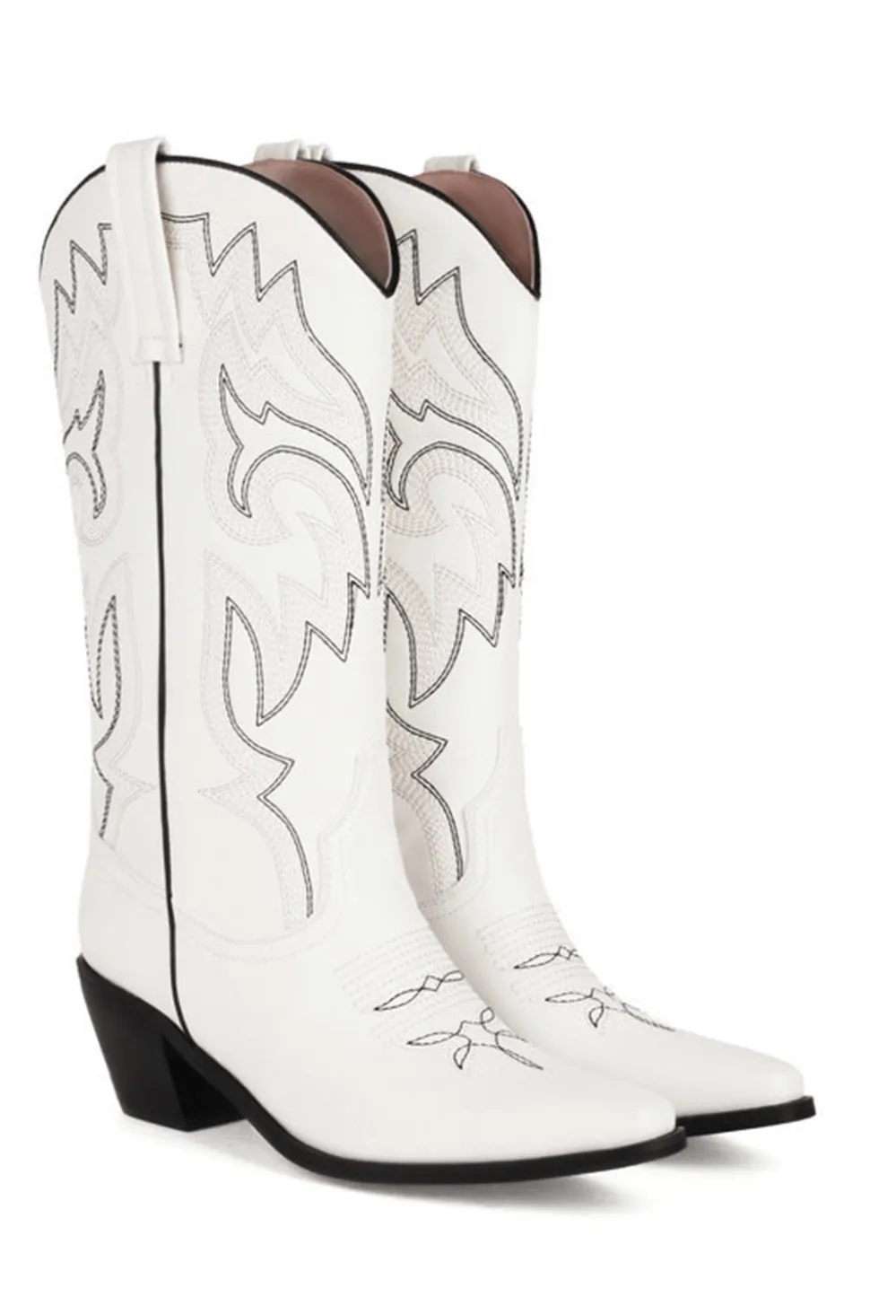 Retro Preto Dedo Apontado Salto Chunky Mid Calf Cowgirl Botas