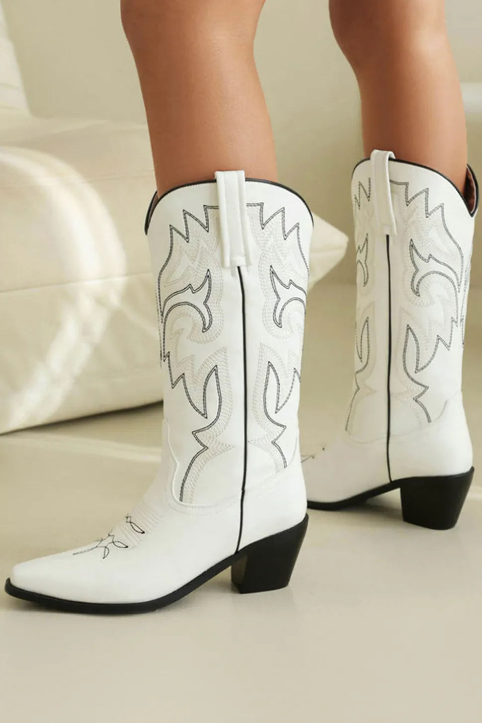 Retro Preto Dedo Apontado Salto Chunky Mid Calf Cowgirl Botas