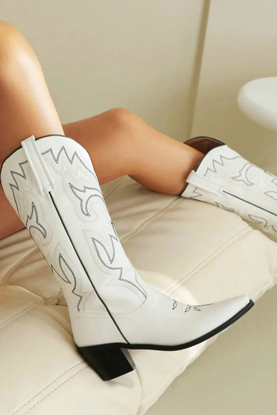 Retro Preto Dedo Apontado Salto Chunky Mid Calf Cowgirl Botas