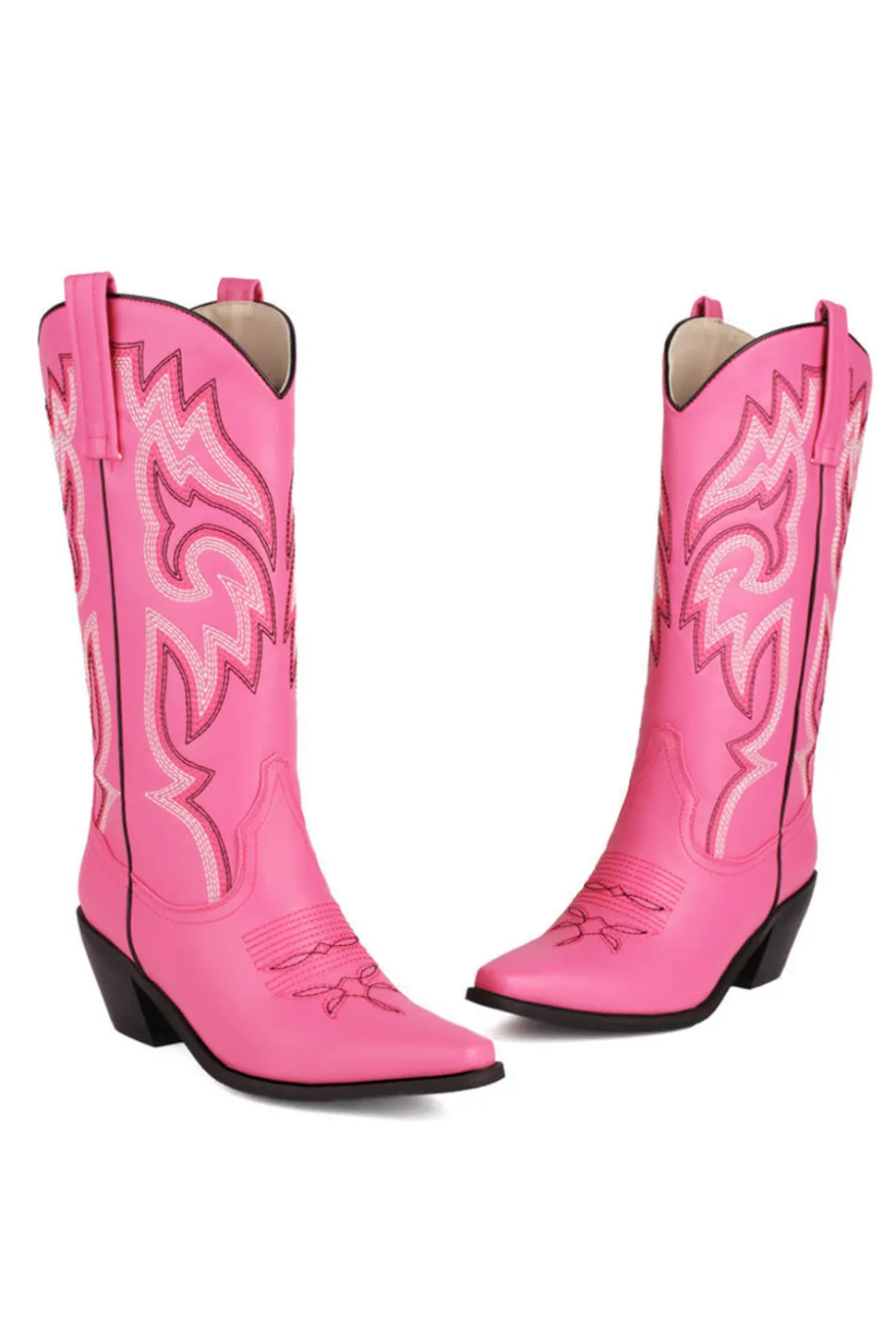 Retro Preto Dedo Apontado Salto Chunky Mid Calf Cowgirl Botas