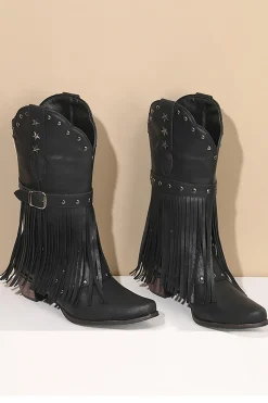 Retro Preto Fringe Fivela Chunky Low Heel Cowgirl Botas