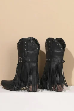 Retro Preto Fringe Fivela Chunky Low Heel Cowgirl Botas