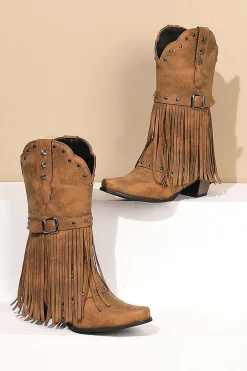 Retro Preto Fringe Fivela Chunky Low Heel Cowgirl Botas