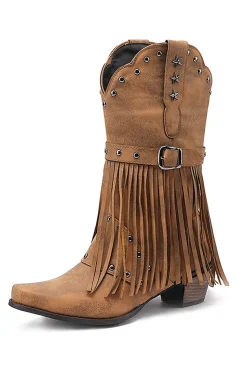 Retro Preto Fringe Fivela Chunky Low Heel Cowgirl Botas