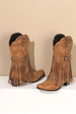 Retro Preto Fringe Fivela Chunky Low Heel Cowgirl Botas