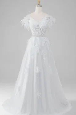 Rhinestones Accents Espartilho Branco Vestido de Noiva com Apliques