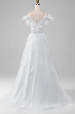 Rhinestones Accents Espartilho Branco Vestido de Noiva com Apliques