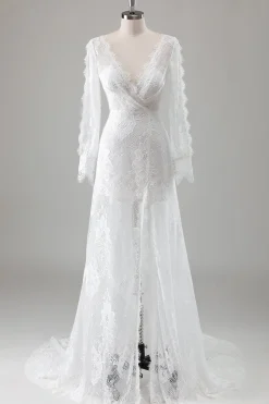 Romântico Marfim Renda Sereia Vestido de Noiva com Fenda