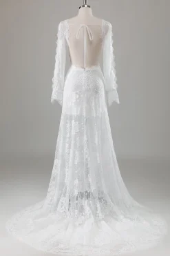 Romântico Marfim Renda Sereia Vestido de Noiva com Fenda