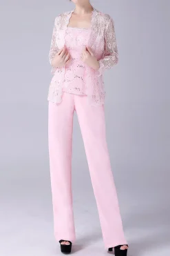 Rosa 3 Peças Casaco de Renda Mãe da Noiva Pant Suits