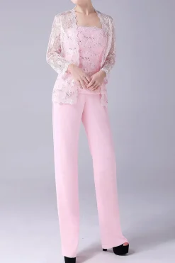 Rosa 3 Peças Casaco de Renda Mãe da Noiva Pant Suits