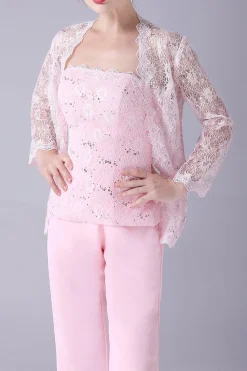 Rosa 3 Peças Casaco de Renda Mãe da Noiva Pant Suits