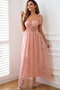 Rosa A Line Cintas de Espaguete Vestido de Baile