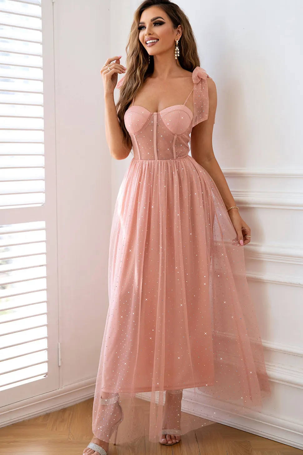 Rosa A Line Cintas de Espaguete Vestido de Baile