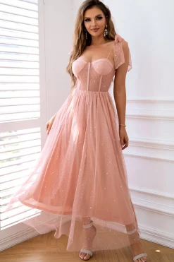 Rosa A Line Cintas de Espaguete Vestido de Baile