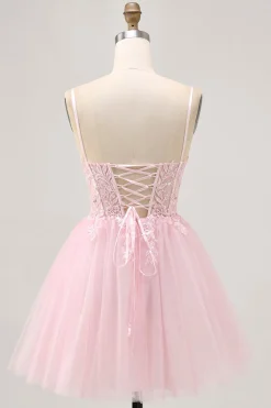 Rosa A Line Corset Tulle Vestido Curto Homecoming com Apliques