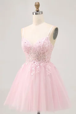 Rosa A Line Corset Tulle Vestido Curto Homecoming com Apliques