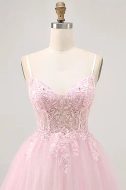 Rosa A Line Corset Tulle Vestido Curto Homecoming com Apliques