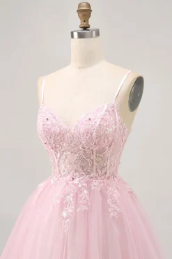 Rosa A Line Corset Tulle Vestido Curto Homecoming com Apliques