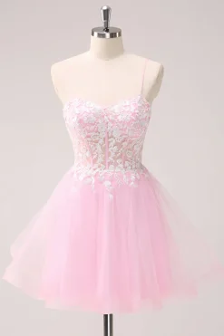 Rosa A Line Espaghetti Straps Tulle Corset Homecoming Dress com Apliques