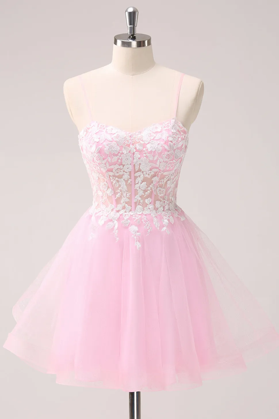 Rosa A Line Espaghetti Straps Tulle Corset Homecoming Dress com Apliques