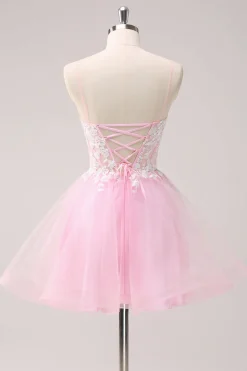 Rosa A Line Espaghetti Straps Tulle Corset Homecoming Dress com Apliques