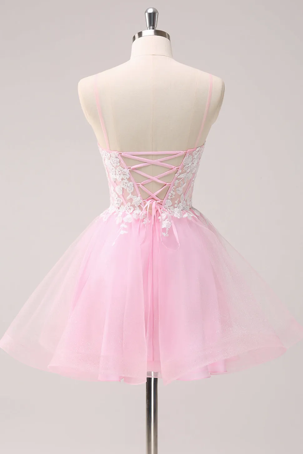 Rosa A Line Espaghetti Straps Tulle Corset Homecoming Dress com Apliques