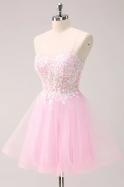 Rosa A Line Espaghetti Straps Tulle Corset Homecoming Dress com Apliques