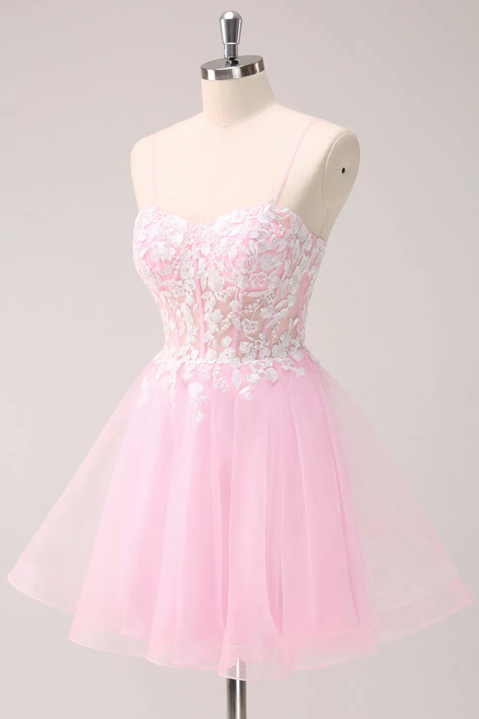 Rosa A Line Espaghetti Straps Tulle Corset Homecoming Dress com Apliques