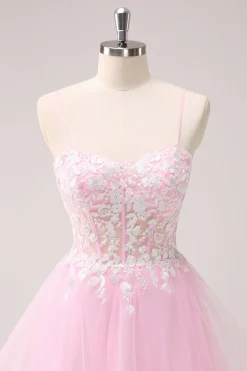 Rosa A Line Espaghetti Straps Tulle Corset Homecoming Dress com Apliques