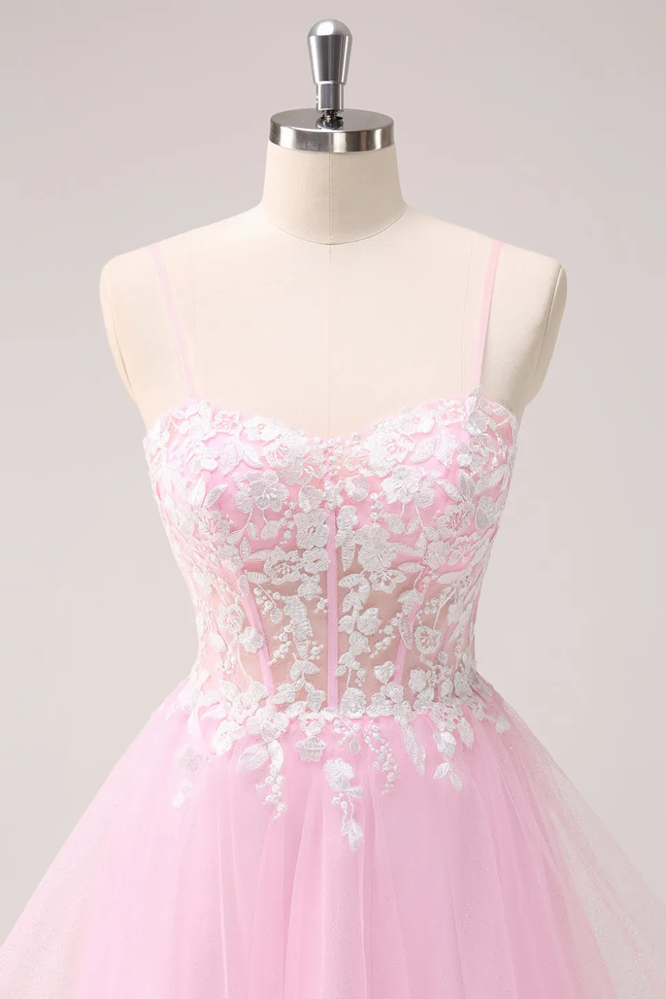 Rosa A Line Espaghetti Straps Tulle Corset Homecoming Dress com Apliques