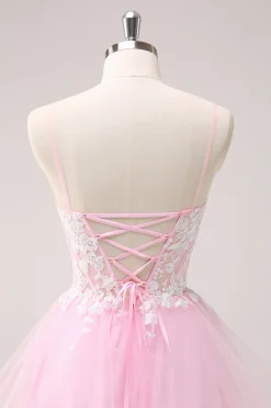 Rosa A Line Espaghetti Straps Tulle Corset Homecoming Dress com Apliques