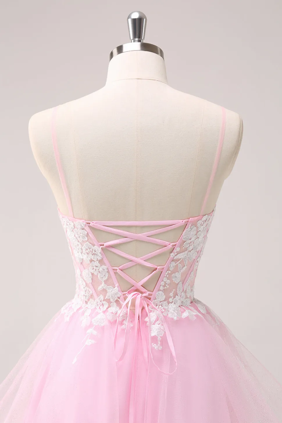 Rosa A Line Espaghetti Straps Tulle Corset Homecoming Dress com Apliques