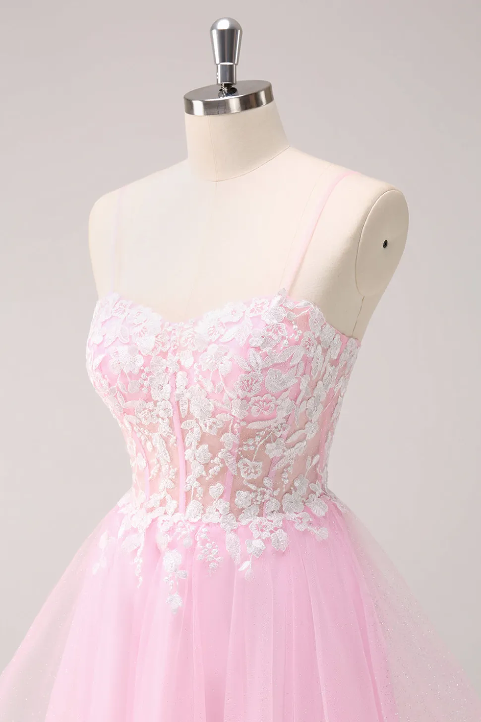 Rosa A Line Espaghetti Straps Tulle Corset Homecoming Dress com Apliques