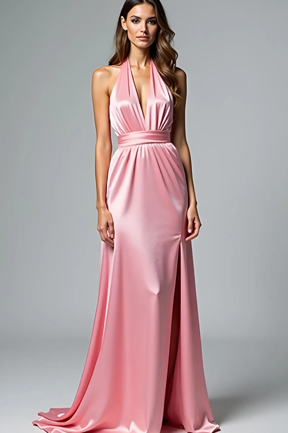 Rosa A Line Halter Ruched Long Satin Vestido Formal