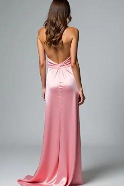 Rosa A Line Halter Ruched Long Satin Vestido Formal