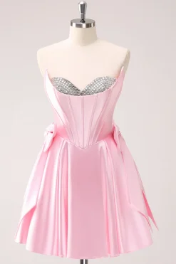 Rosa A Line Strapless Corset Beaded Homecoming Dress com laços