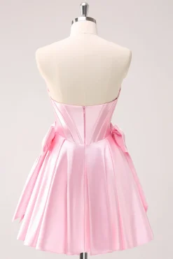 Rosa A Line Strapless Corset Beaded Homecoming Dress com laços