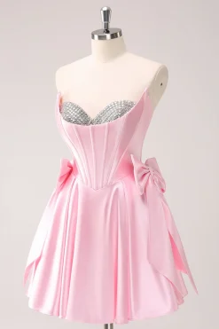 Rosa A Line Strapless Corset Beaded Homecoming Dress com laços