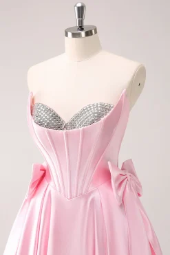 Rosa A Line Strapless Corset Beaded Homecoming Dress com laços