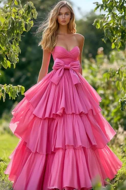 Rosa A Line Strapless Tiered Ruffled Tafetá Vestido de Baile
