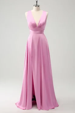 Rosa A Line V-Neck Backless vestido de dama de honra com fenda