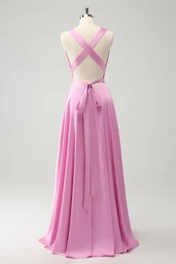 Rosa A Line V-Neck Backless vestido de dama de honra com fenda