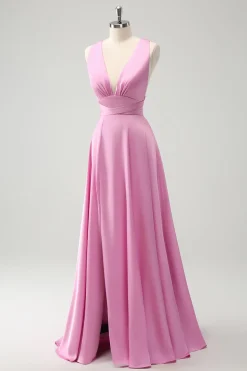 Rosa A Line V-Neck Backless vestido de dama de honra com fenda