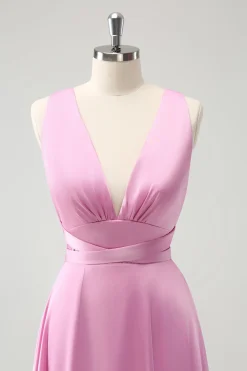 Rosa A Line V-Neck Backless vestido de dama de honra com fenda